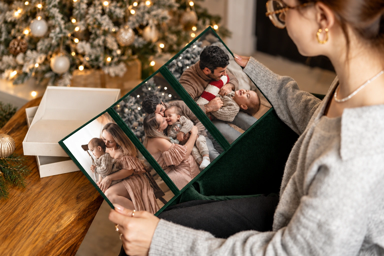 Aufgeklapptes Triplex mit drei Weihnachtsfotos, eingefasst in tannengrünen Samt